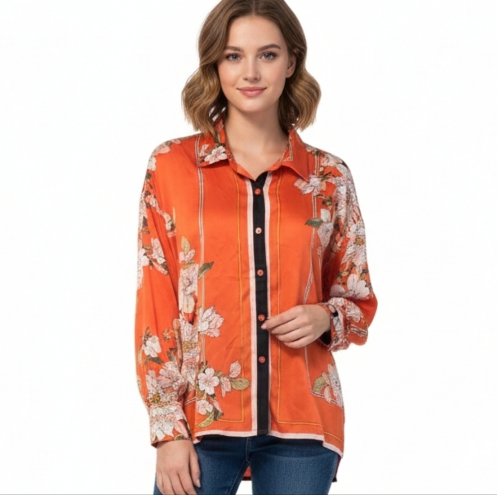 Fate New Asian Floral Orange Women's Button Front Top Flowy Art Size Medium